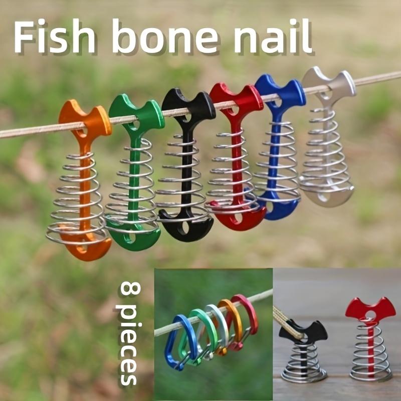 8pcs Stainless Steel Deck Nails with Spring Buckle, Fish Bone Design for Secure Binding, Suitable for Outdoor Camping and Hiking