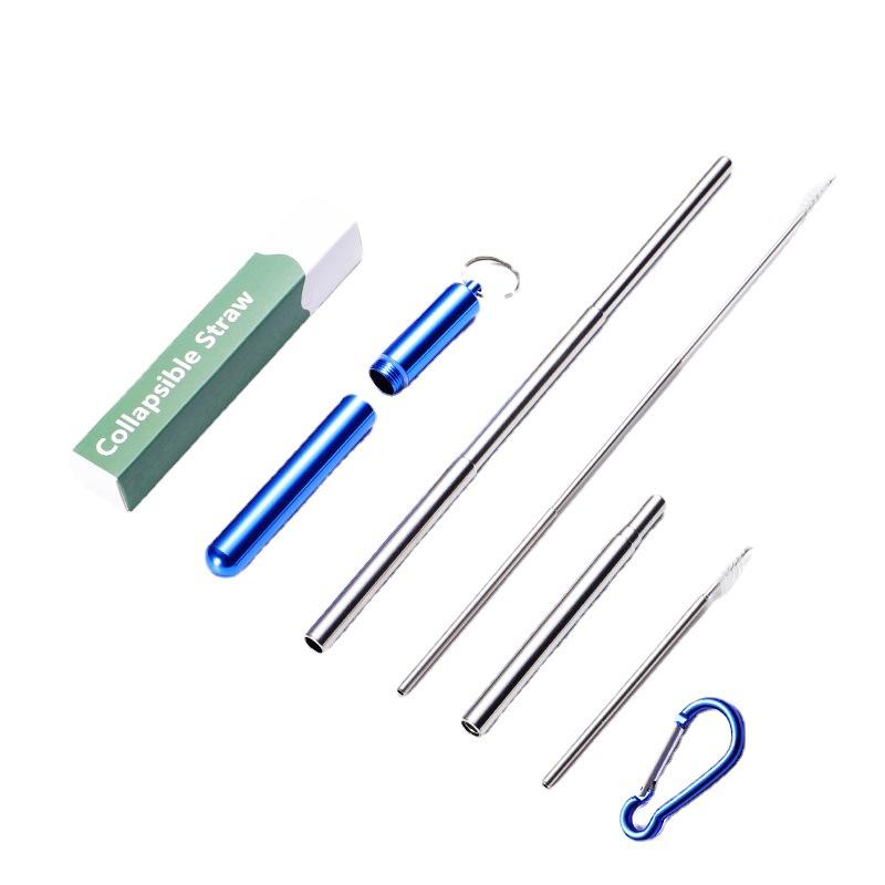 304 stainless steel telescopic straw round bottom with mountaineering buckle multi-color aluminum shell set portable straw