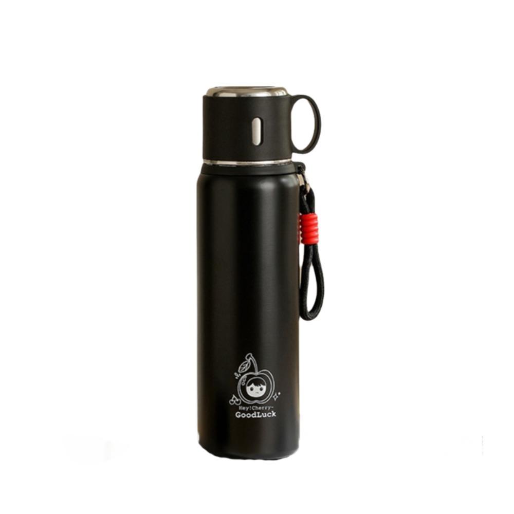 Keeping Hot/Cold Student Thermos Cup Design Lid with Straw and Lanyard Travel Thermal Cup Silicone Base Stainless Steel