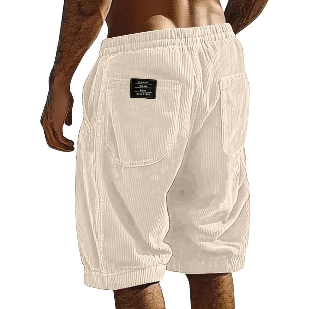 Mens Corduroy Shorts Relaxed Fit Elastic Waistband Patch Pocket Design Casual Knee Length Trousers for Everyday Wear