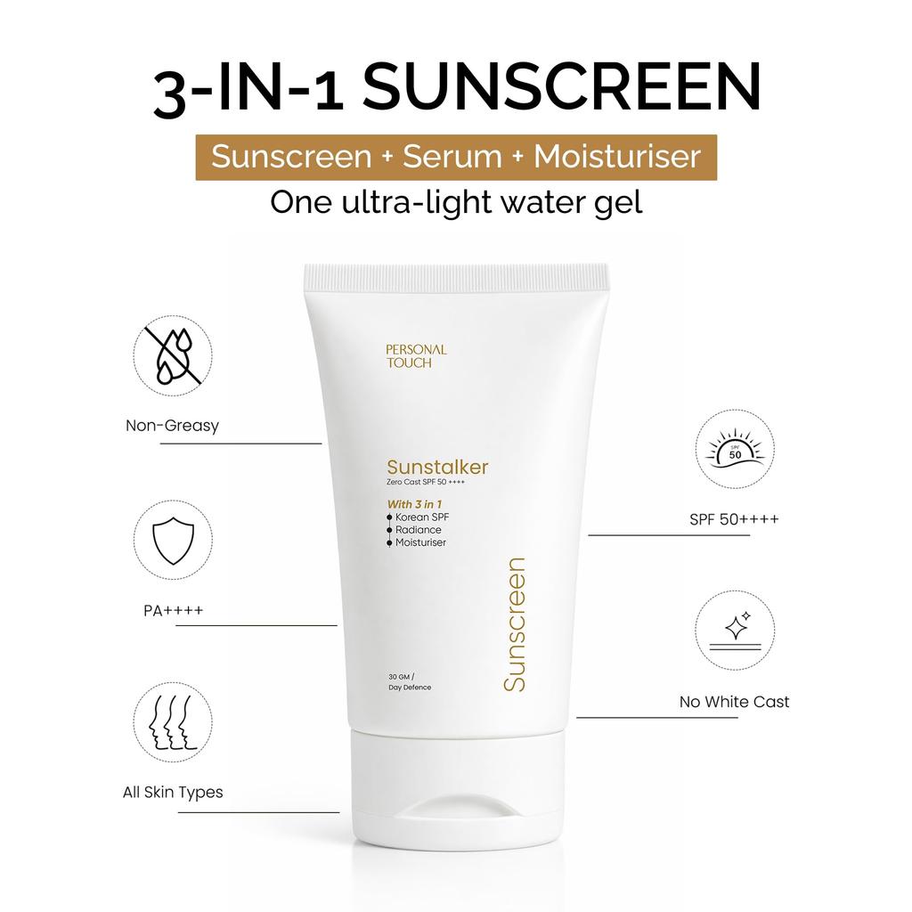 Солнцезащитный крем Personal Touch SPF 50 PA+++ для лица | Sunstalker Korea 3 в 1 | Легкий солнцезащитный крем без белых следов | Нежирный, безопасен для кожи с акне и масляный-