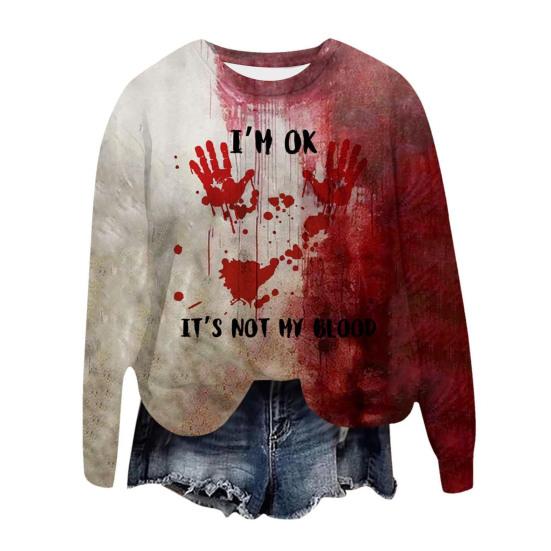 Women Sweatshirt 3D Bloodstain Print Round Neck Casual Halloween Haunted House Cosplay Top Long Sleeves Loose