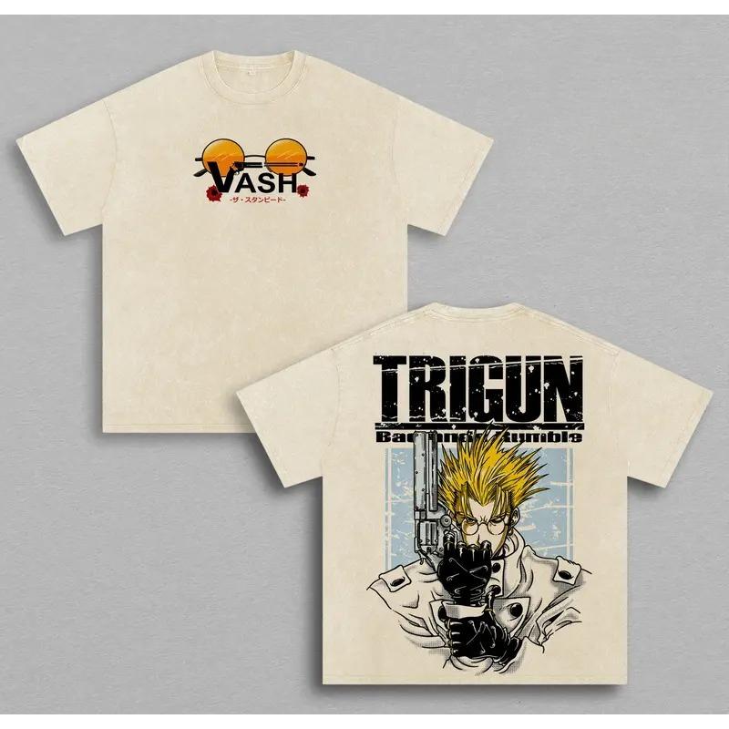 Hot Anime Trigun Vash The Stampede Clothing Men Women Short Sleeve Tshirts Washed Cotton Tee Retro T-shirt Harajuku Male T Shirt