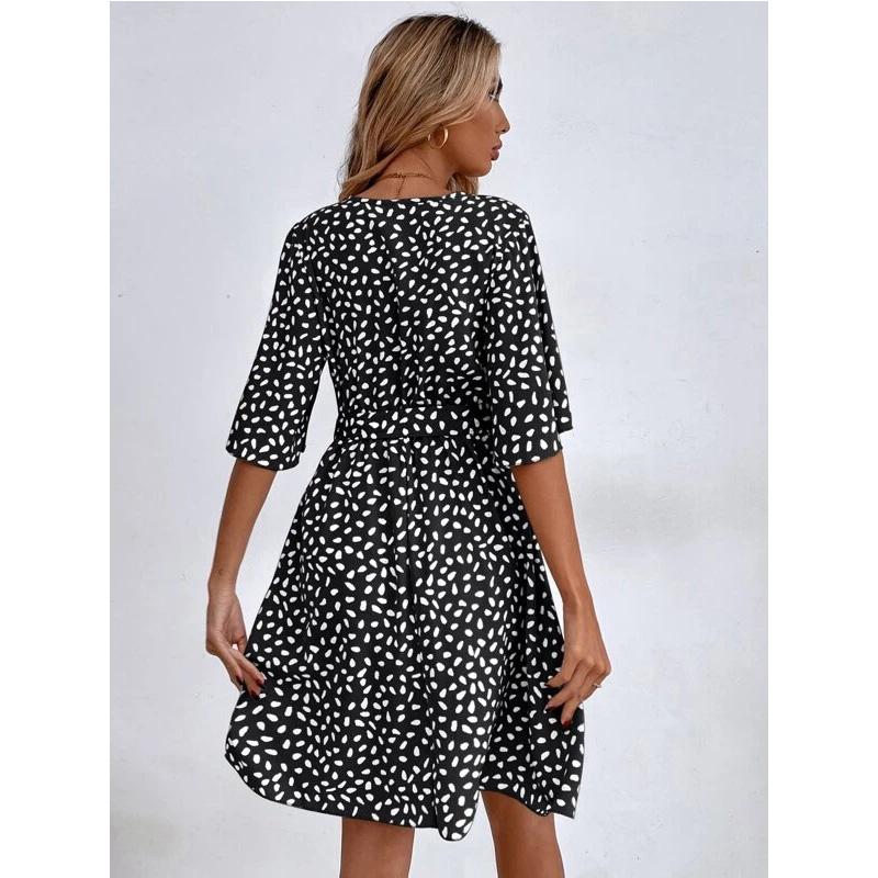 Женское универсальное повседневное платье с V-образным вырезом, коротким рукавом, подчеркивающее талию