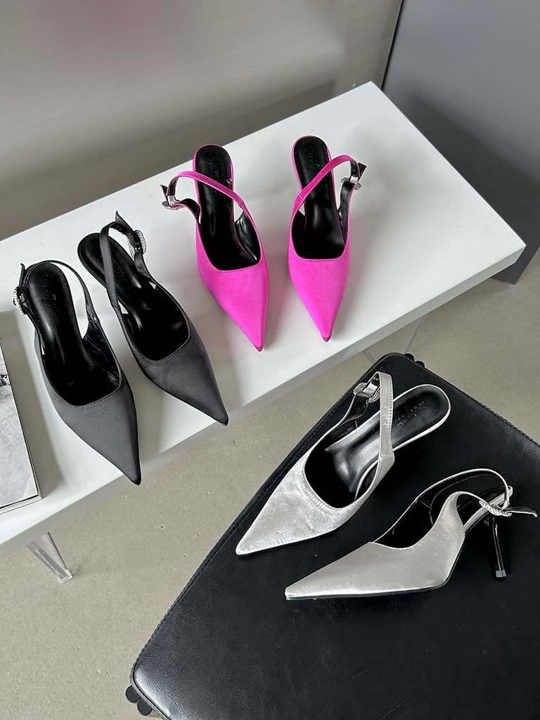 Модные женские босоножки с острым носком, летние туфли, тонкие высокие каблуки, ремешок сзади, стразы, пряжка, сексуальные шлепанцы, розовые, бежевые, черные, 35-39