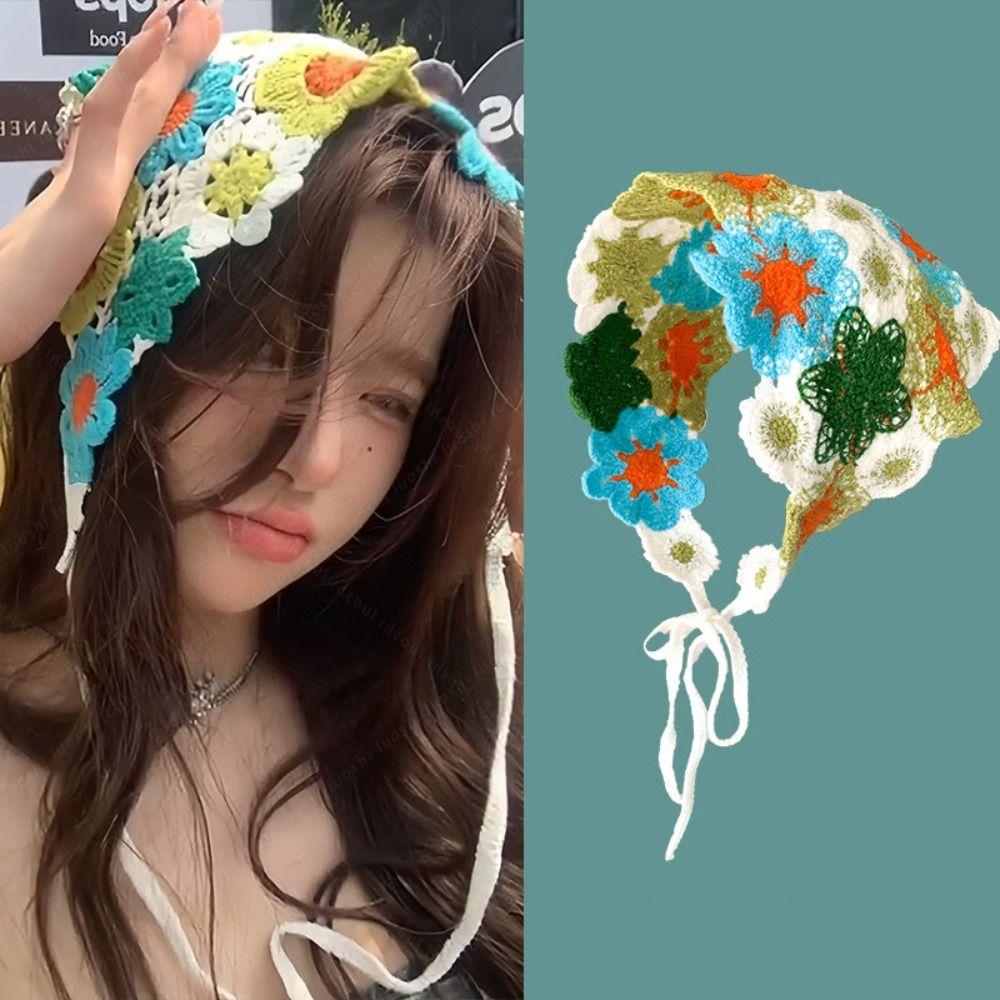 Вязаный Девочка Цветок Косынка Крючком Пляжный Отпуск Волосы Аксессуар Милая Треугольная Повязка на Голову