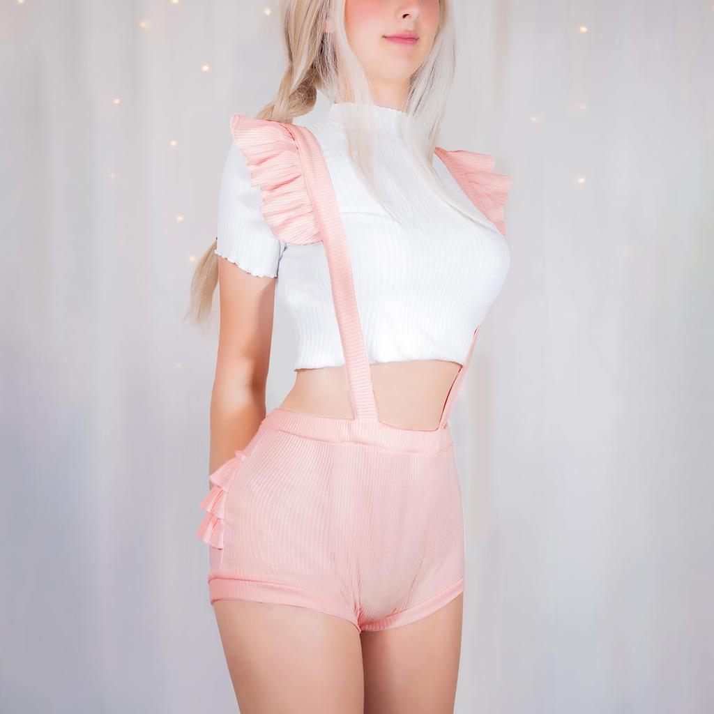 LittleForBig Комбинезон с оборками для взрослых [Пышные оборки] Цельный, Эластичный рубчатый материал, Розовый, Размер M