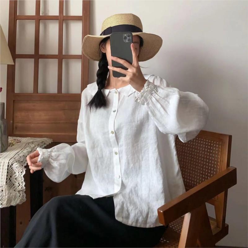 Johnature Женские топы весна-лето винтажные женские с отложным воротником свободные простые повседневные однотонные блузки