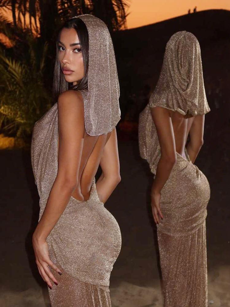Kliou Shiny Mesh Patchwork Hooded Dress Woman Swing Collar Backless Sleeveless Robe Vacation Beach Party Style Elegant Vestidos