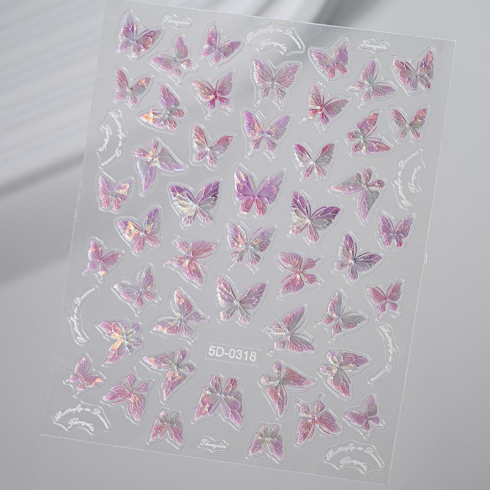 1pcs Fairy Shell Pink Butterfly Nail Stickers 5D Embossed Aurora Butterflies Nail Art Decals Self Adhesive Manicure Charms 0317