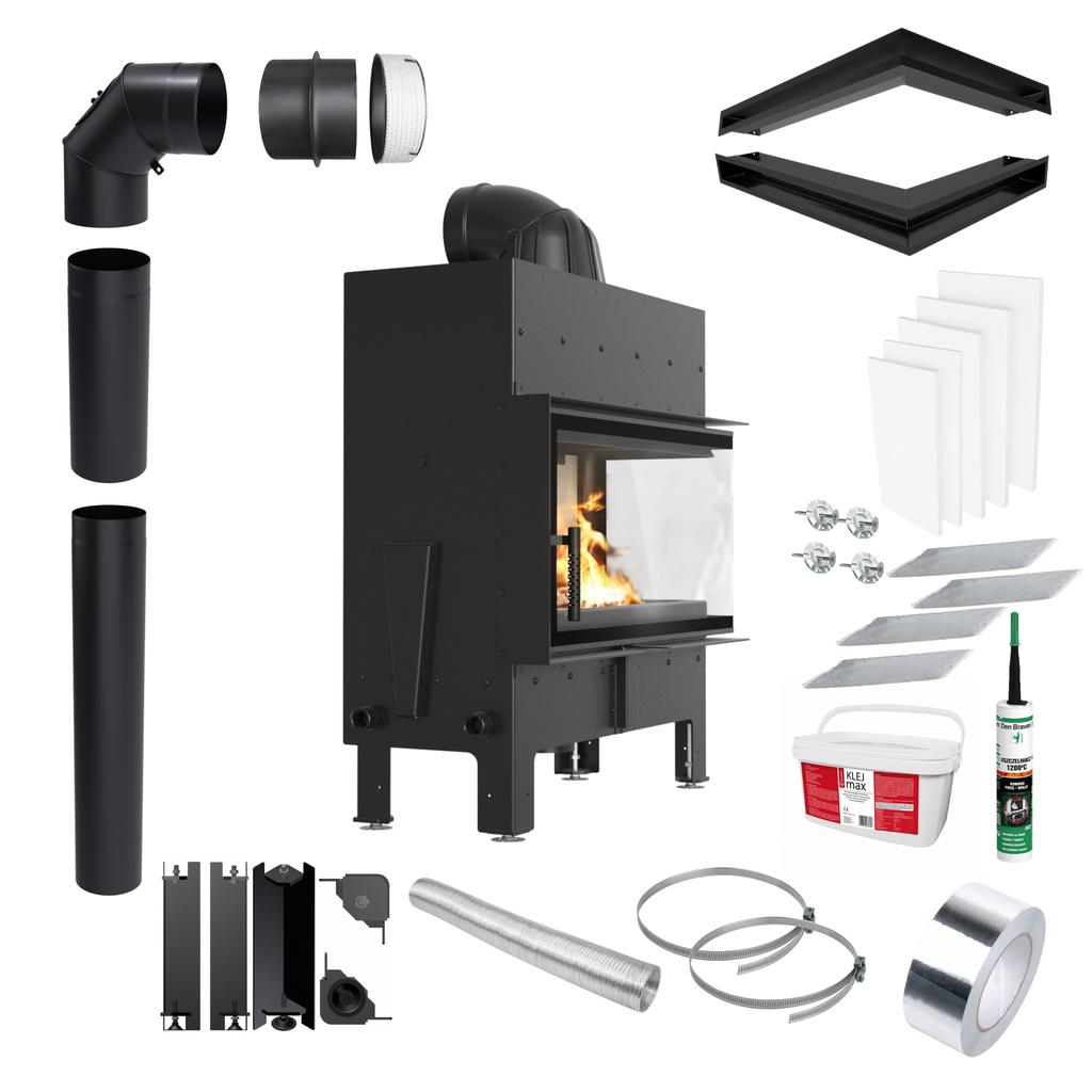 KRATKI FLOKI L Right Fireplace Insert 12 kW Ø200 Black Set for Installation