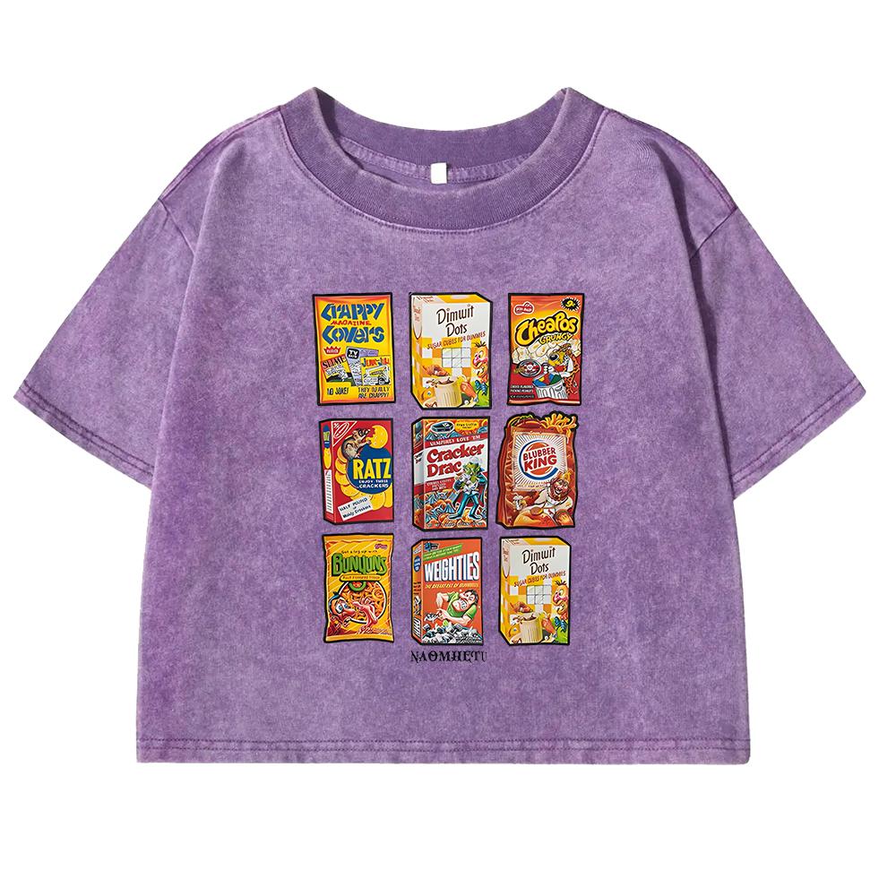 Ретро Футболка с принтом закусок для женщин, выстиранная летняя футболка из хлопка с коротким рукавом, облегающая и удобная