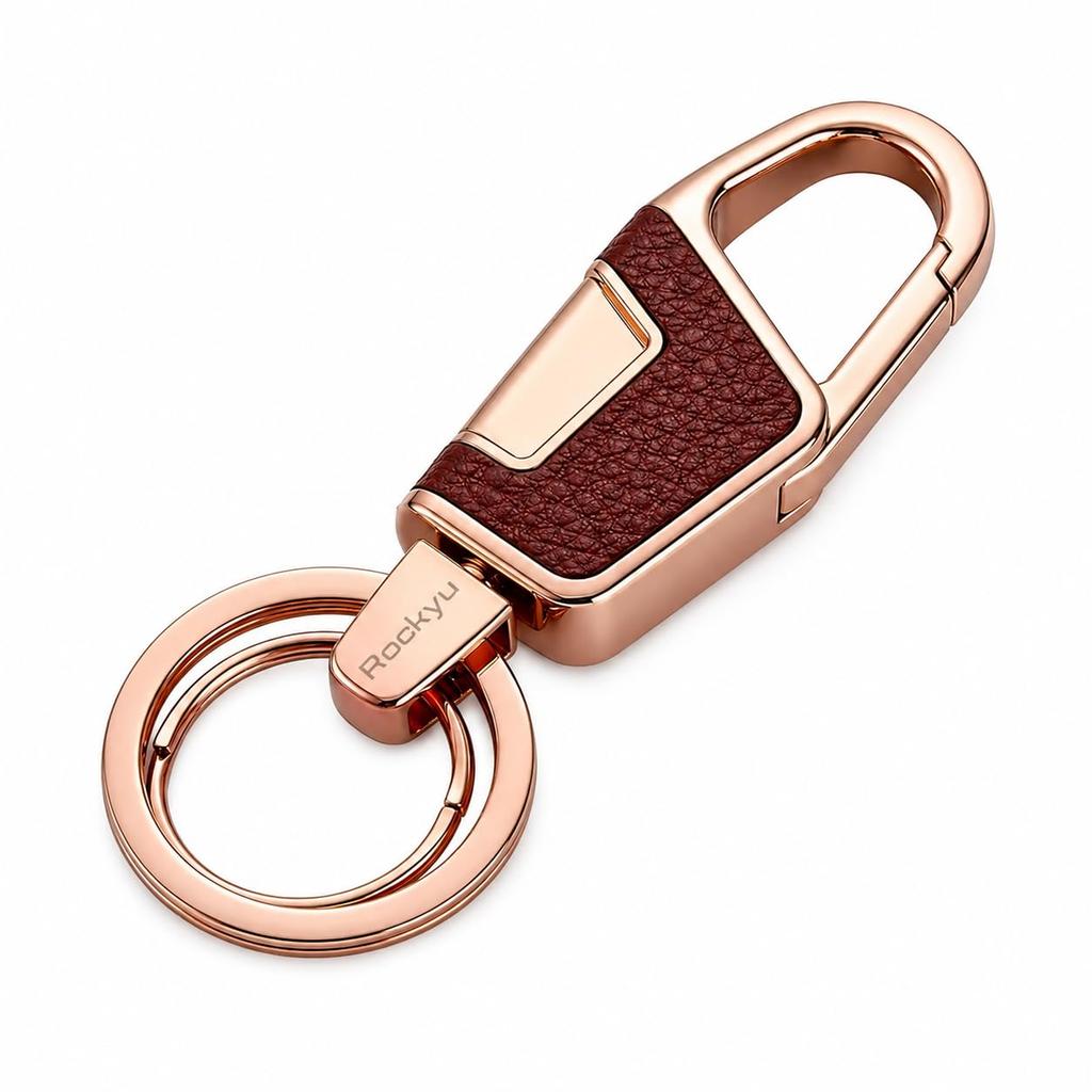 Rockyu keychain men women car key ring zinc alloy material leather-like design double silver black gold simple stylish gift.