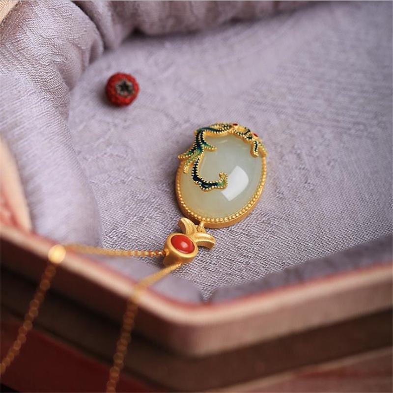 Ethnic Jade Flower Pendant Necklace For Lady Anniversary Top Quality Sterling 925 Silver Chain Choker Accessories Gold Necklaces