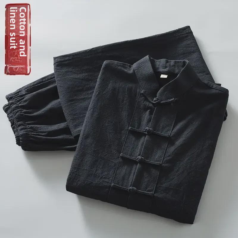 Мужской летний китайский костюм Тан из хлопка и льна: Модный наряд в стиле мандарин с пуговицами