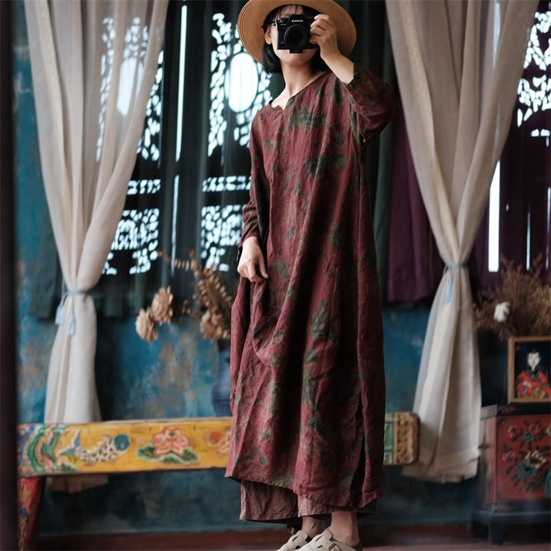 Johnature Осеннее женское свободное льняное платье с принтом, винтажное платье с круглым вырезом в китайском стиле с длинными рукавами