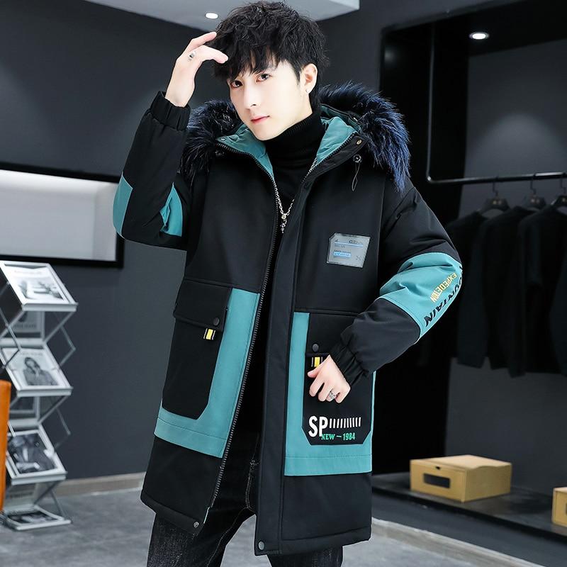 Winter Fleece Men's Parka Patchwork Hooded Waterproof Coat Men's Fashion Big Pockets Big Fur Collar Streetwear