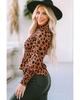 Azura Exchange Brown Leopard Smocked Puff Sleeve Peplum Top