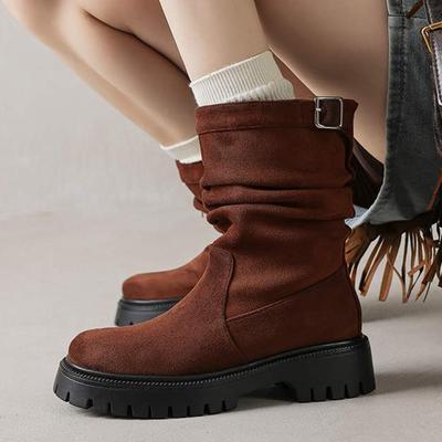 Зимние модные женские сапоги из флока с круглым носком и средним каблуком, элегантные женские сапоги до середины икры в стиле ретро с металлической пряжкой