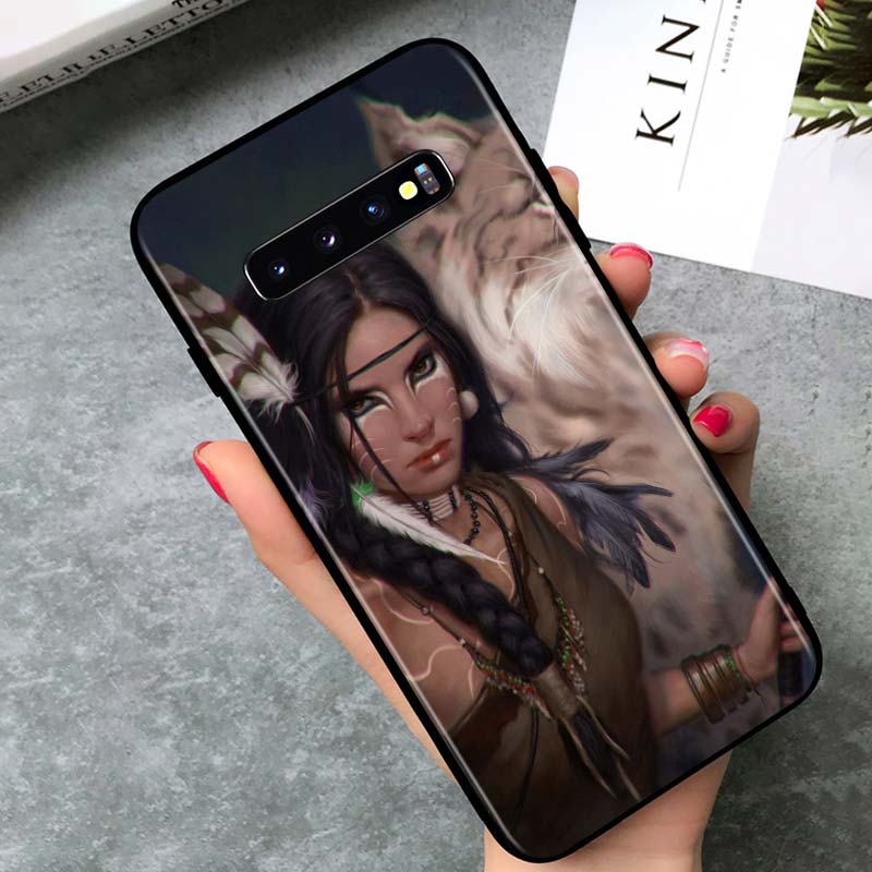 Indian Feathers Girl for Samsung Galaxy S21 Ultra Plus Note 20 10 9 8 S10 S9 S8 S7 S6 Edge Plus Black Phone Case