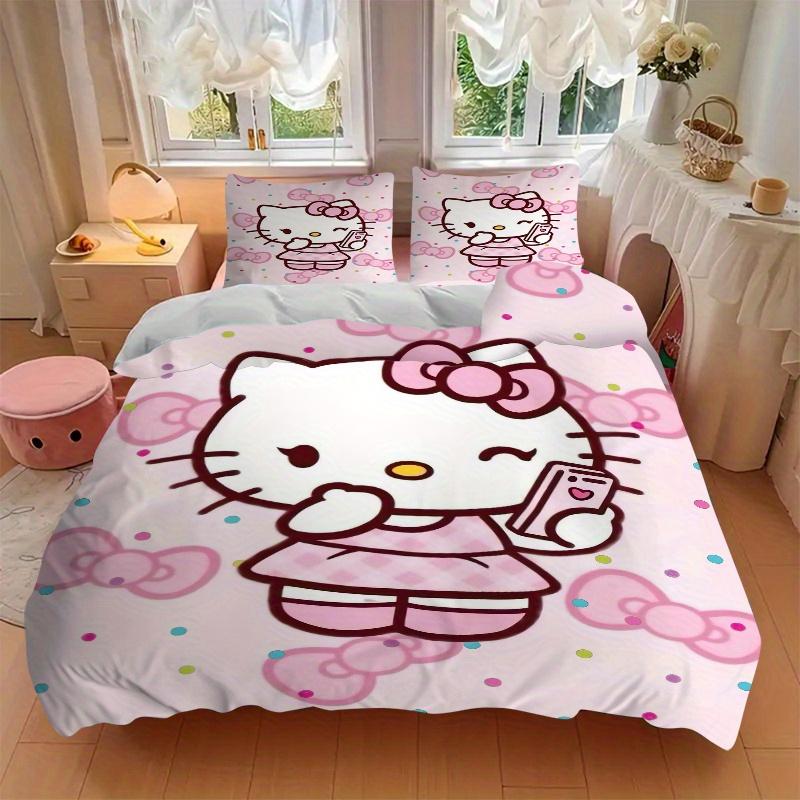 3pcs Sweet Hello Kitty Printed Bedding Set, Soft and Comfortable Quilt Cover for Bedroom, Guest Room (1 Duvet Cover + 2 Pillowcases, Pillow
