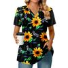 Women's Pleated V-neck Short Sleeved Sunflower Print T-shirt Business Casual Shirt