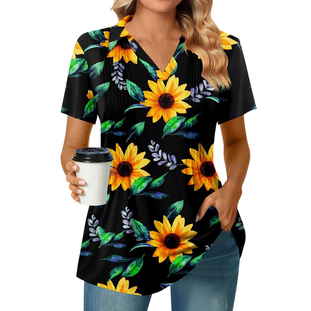 Women's Pleated V-neck Short Sleeved Sunflower Print T-shirt Business Casual Shirt