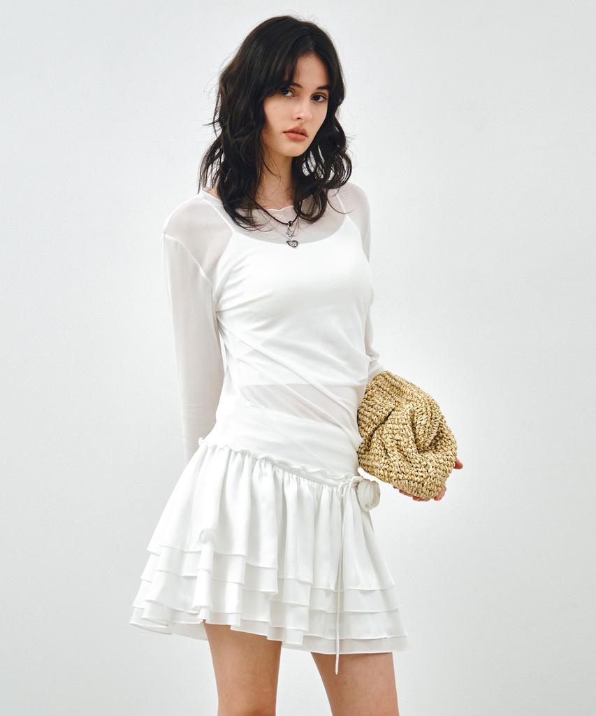 Mongdol [Belt Set] Flower Frill Mini Skirt White Mdsk036White