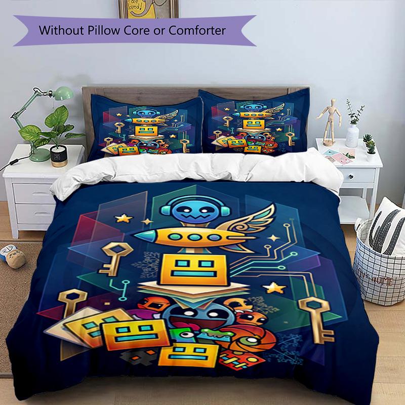 3pcs Duvet Cover Set (1*Duvet Cover + 2*Pillowcase, Without Core), Geometry Dash Print Bedding Set, Bedroom Decor, All‑Season, Birthday Gift
