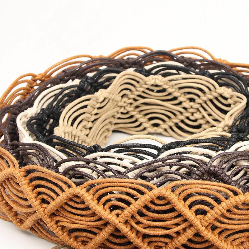 Hand-woven women's wax cord belt featuring an openwork wooden buckle—perfect for accenting dresses.