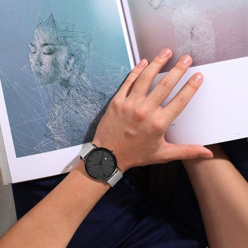 Мужские часы BUREI, Простые, Водонепроницаемые, Аналоговые, Деловой стиль, Миланский стиль, Сетчатый ремешок, Стильные, Популярные, Отображение даты, Серебристо-серые, Название бренда