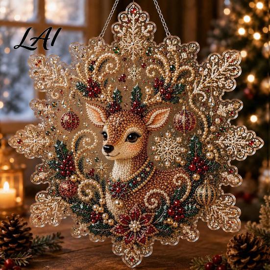 Festive Wall Hanging Ornament Christmas Faux Pearl Painting Suncatcher Kit Acrylic Snowflake Shaped Board with Lace Crystal Beading Craft Set