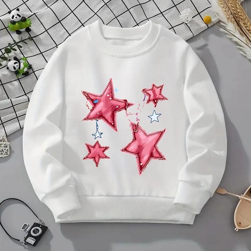 Kids Crewneck Sweatshirt, Pink Star Graphic Print, Spring Fall Casual Sport Tops