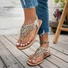 Fashion Bohemian Style Flat Sandals for Women Large Pearl Shiny Crystal Decor Clip Toe Slippers Summer Plus Size Comfort Light Sandals