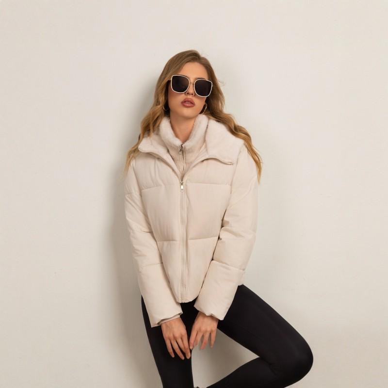 Womens Short Cotton Puffer Coat Faux Fur Patchwork Stand Collar Winter Warm Casual Outerwear