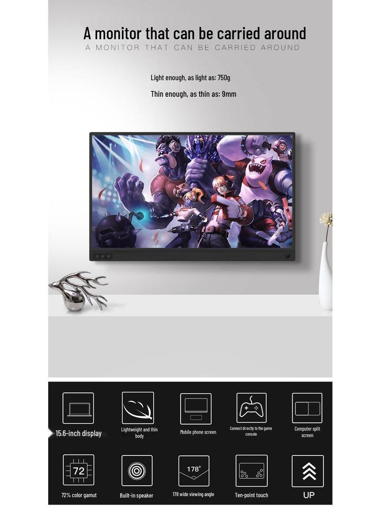 13.3" Ультратонкий 3K Сенсорный Портативный Монитор, 1080P HDMI с Поддержкой HDR