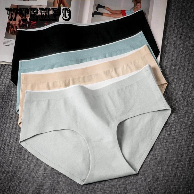 WTEMPO 4Pcs/Set Girl's Mid Waist Breathable Seamless Cotton Underpants Women's All-match Solid Color Large Size Causal Soft Briefs