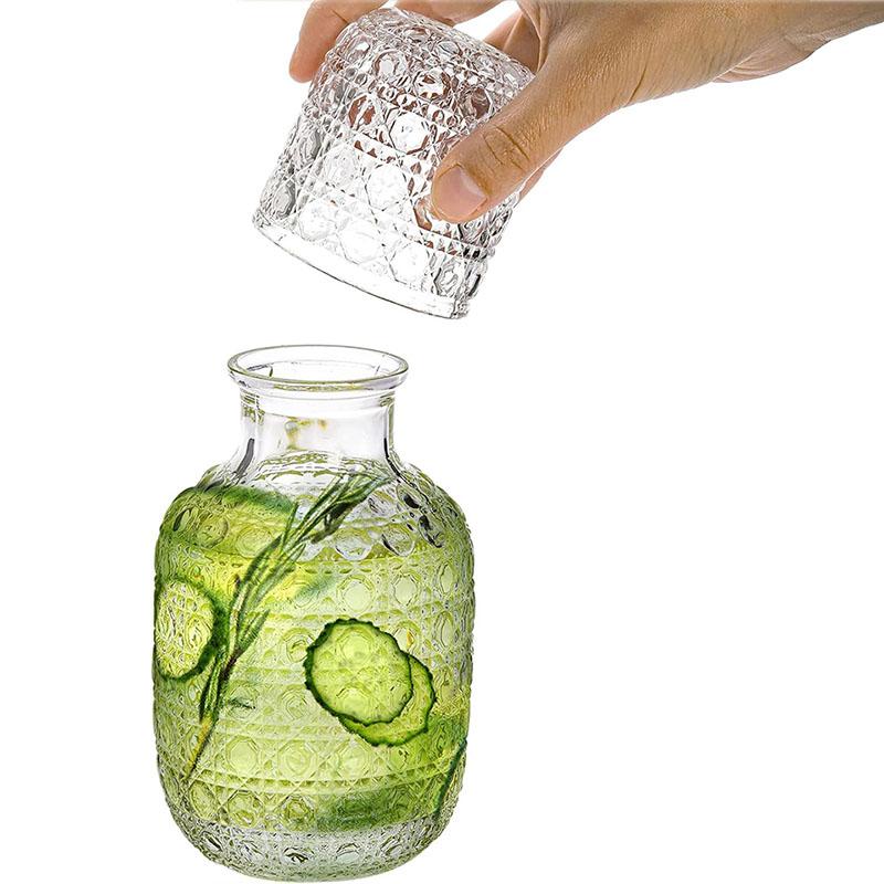 Прикроватный графин и стакан для воды, набор из винтажного стекла, кувшин для воды с чашкой, набор для спальни с ретро-рельефными узорами