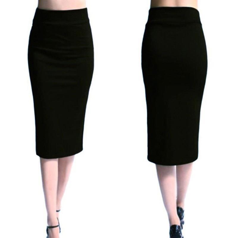Ladies Plain Office Women Stretch Bodycon Midi Jersey Pencil Skirt