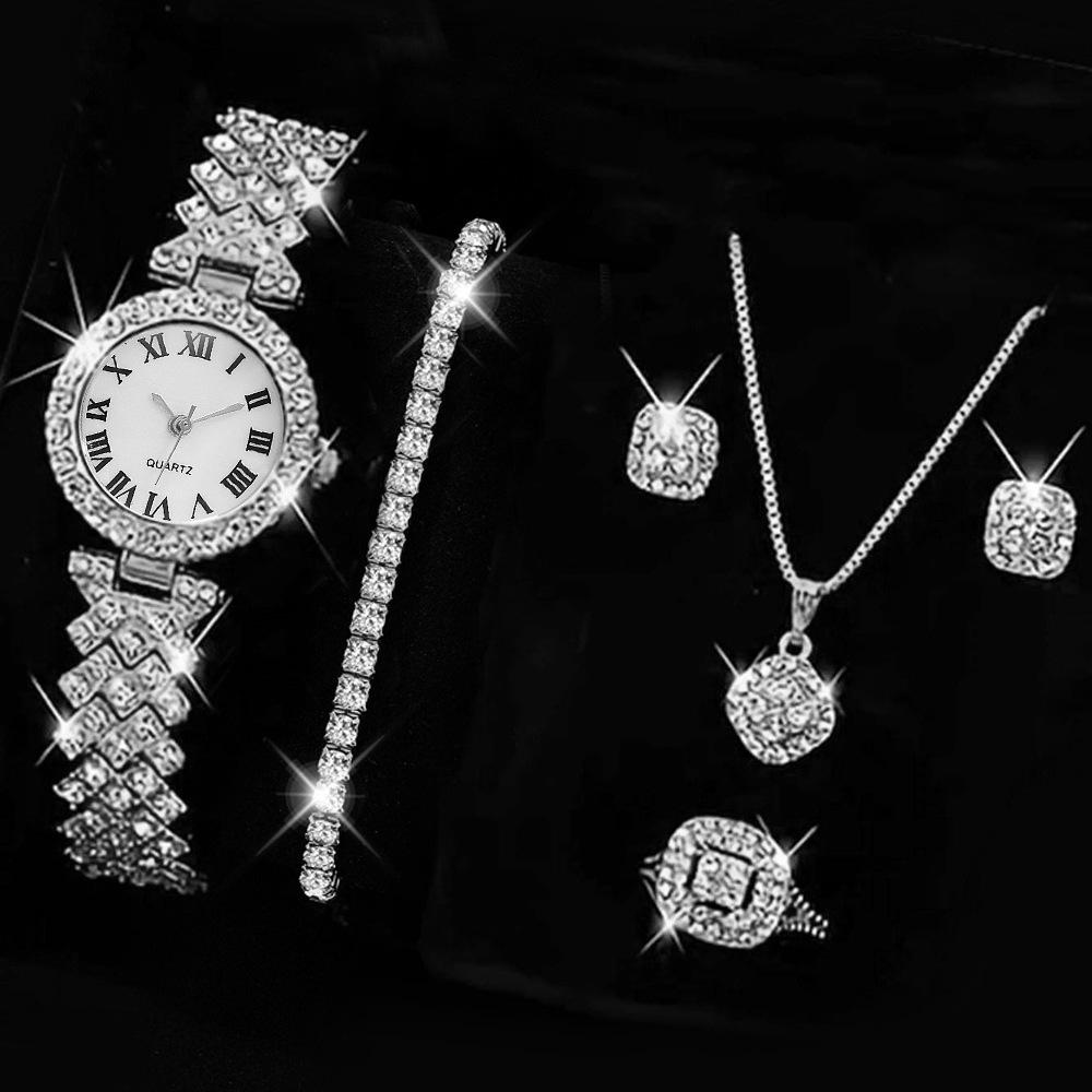 Trendy Unisex Roman Pattern Necklace Diamond Bracelet Fashion 6PCS Quartz Watch Women's Watch Earrings Crystal Ring Women Watch Set