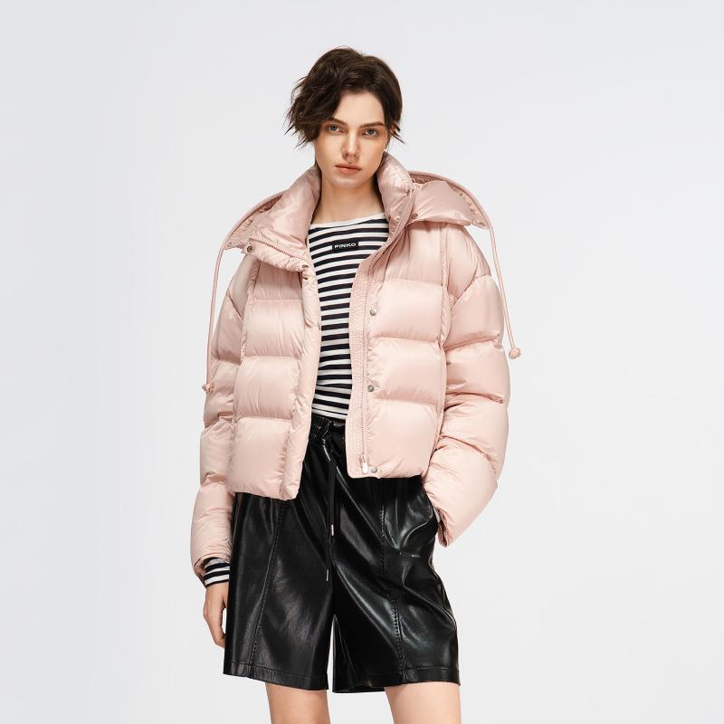 PINKO Pink Fluffy Oversized Autumn Winter Warm Atmosphere Drawstring Stand Collar Short Straight Down Jacket Women outerwear PAF253428251