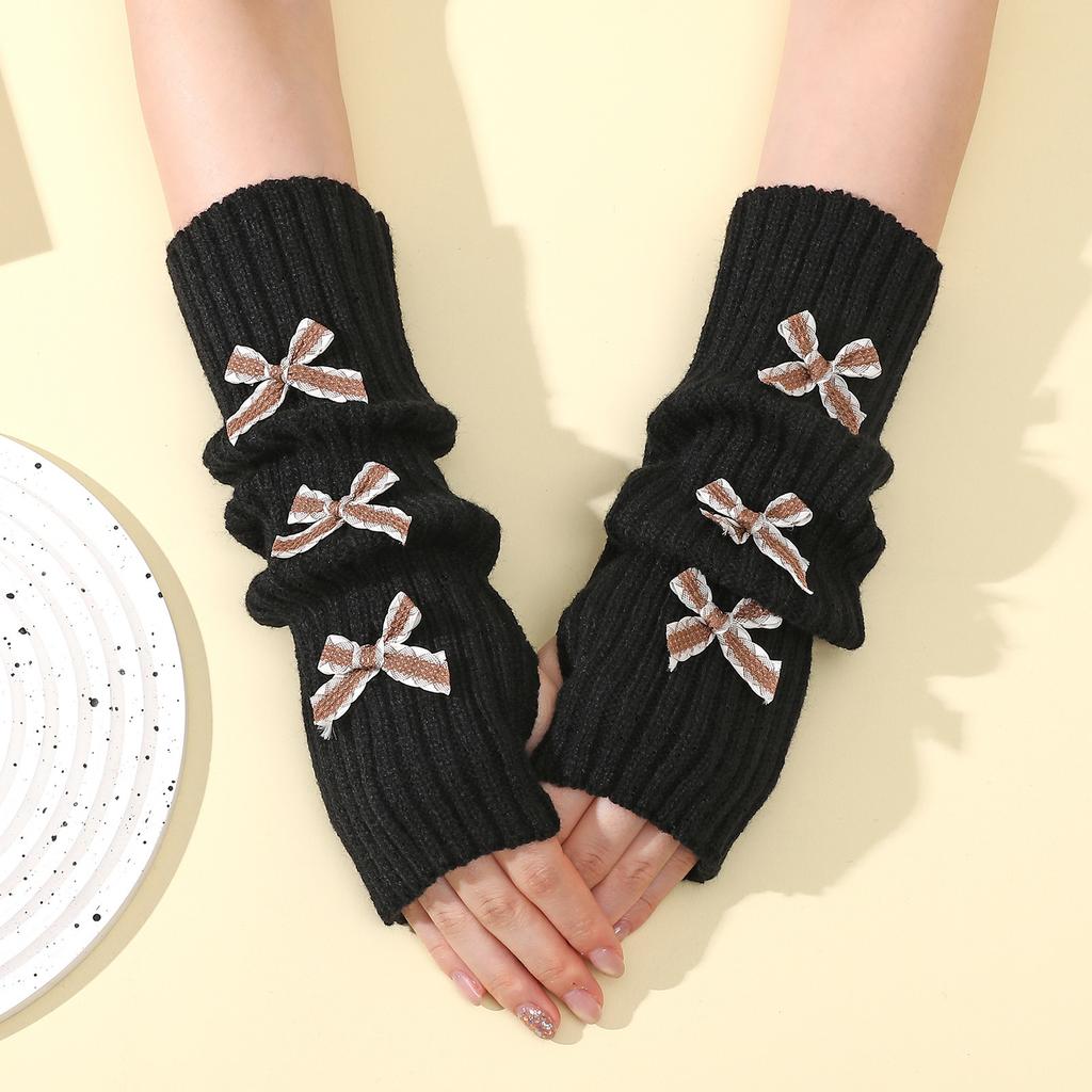 Bow Gloves for Women In Autumn and Winter Knitted Warm College Style Mid Length Stacked Sleeves Fingerless Arm Sleeves