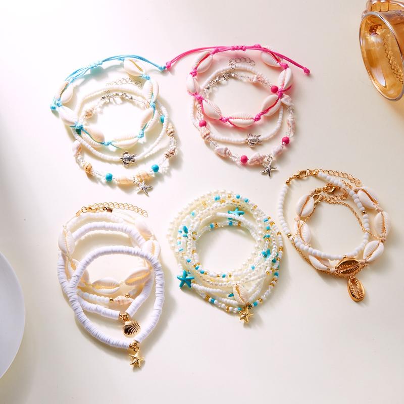 Multilayer Starfish Imitation Pearl Anklet For Women Conch Turtle Polymer Clay Beads Bracelet On The Leg Lucky Evil Eye Anklets