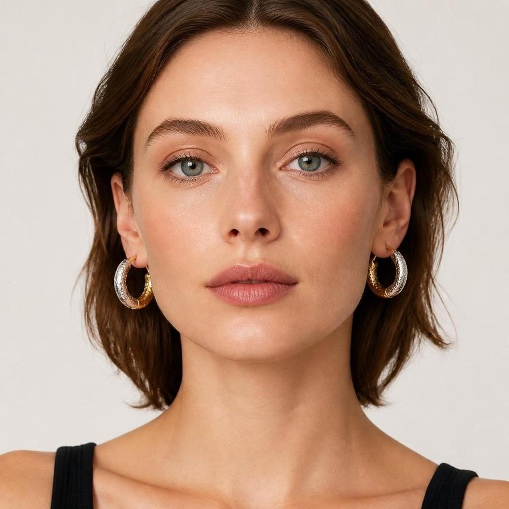 1Pair Ear Buckle Hoop Earrings Two-color Round Earrings Bicolor Earrings Girl Women