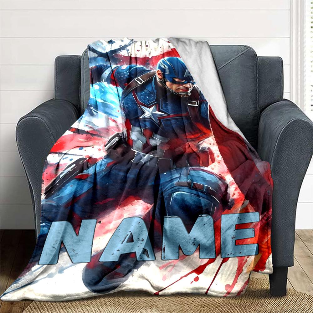 Captain America In Dynamic Pose With Shield And Patriotic Colors Multipurpose Personalized Blanket Customize Your Name Comfortable Texture For Sofa