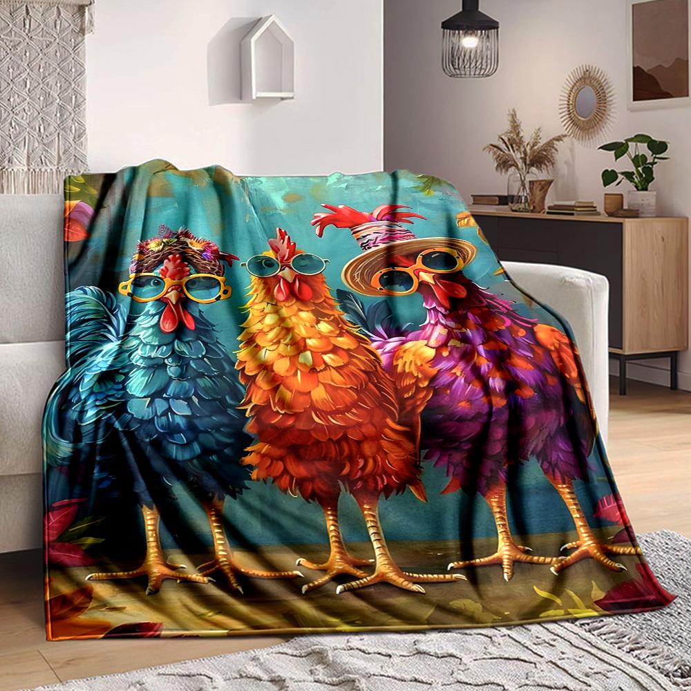 1pc Chickens Cartoon Pattern Print Blanket - Lightweight Flannel Throw Blanket For Sofa, Bed, Living Room, Office, Outdoor Travel, Camping, Soft