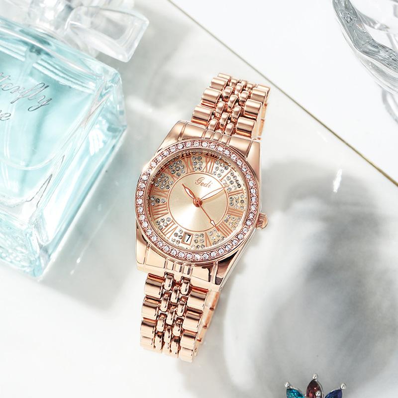 Full Diamond Bezel Roman Numeral Full Crystal Starry Dial Emerald Green Center Date Window Rose Gold Steel Watch