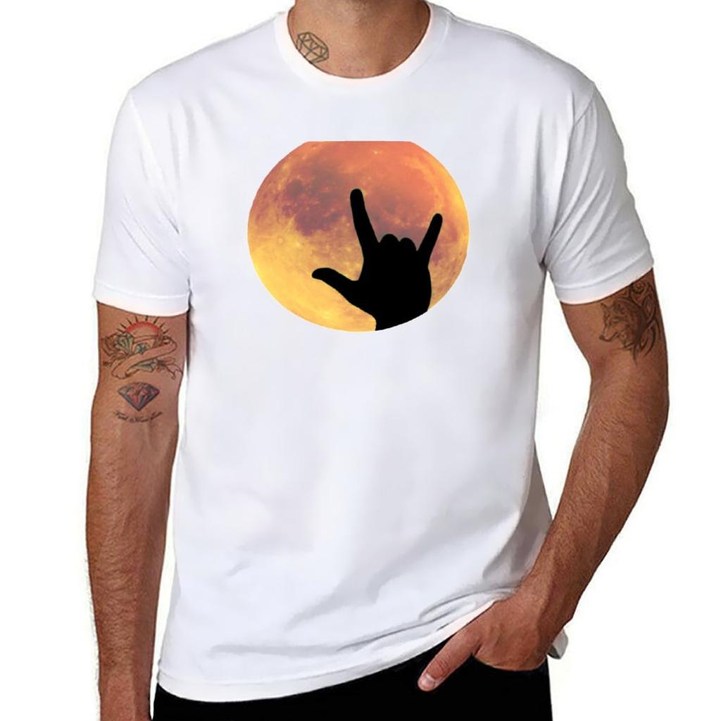Full Moon with I Love You ASL Sign Language Hands Silhouette TShirt Outdoor Work Short Sleeve Top