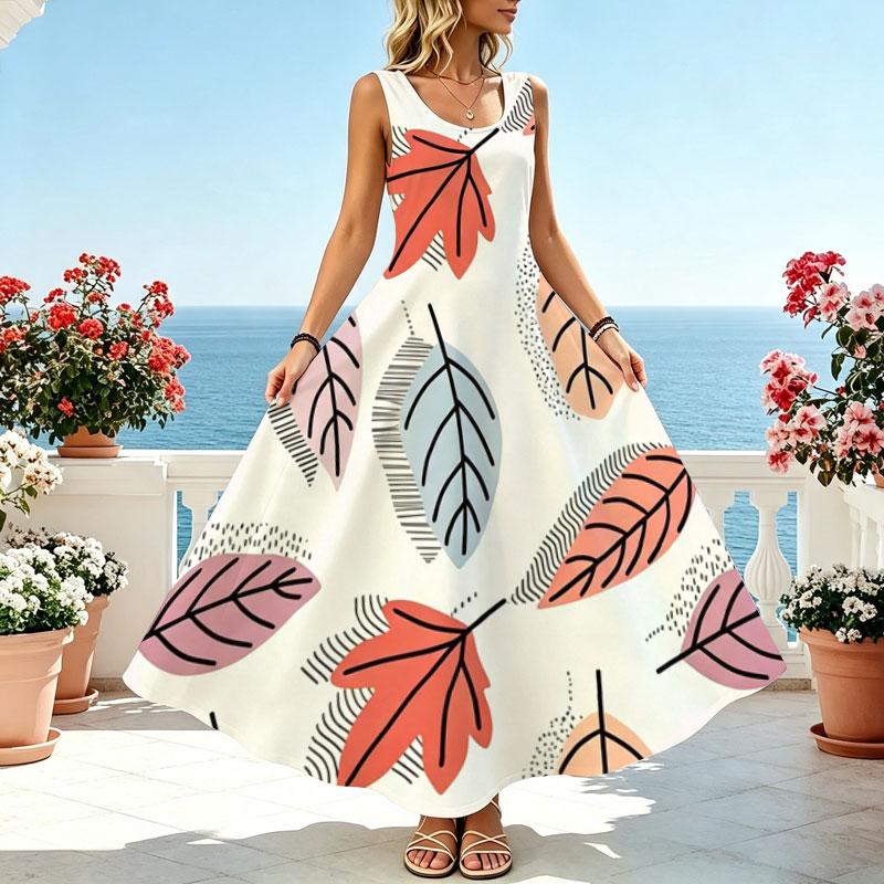 Sleeveless Leaf Pattern Maxi Dress,Lightweight Loose Fit Summer Beach Outfit,Versatile for Travel Photos & Casual Gatherings