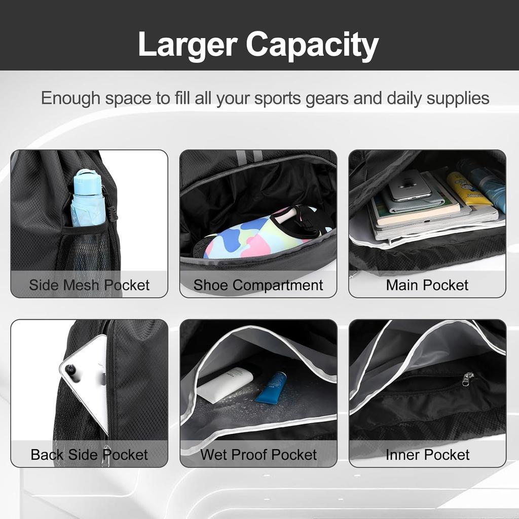 Sports Drawstring Backpack Bag with Shoes Compartment Wet Proof Pocket for Women Men Large Capacity String Swim Gym Sackpack Bag